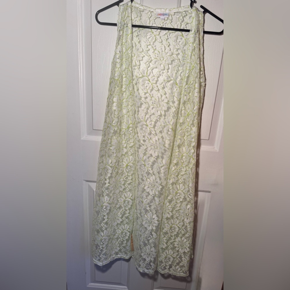LULAROE Lace Joy Kimono Duster Vest White & Green size XSmall -med oversized